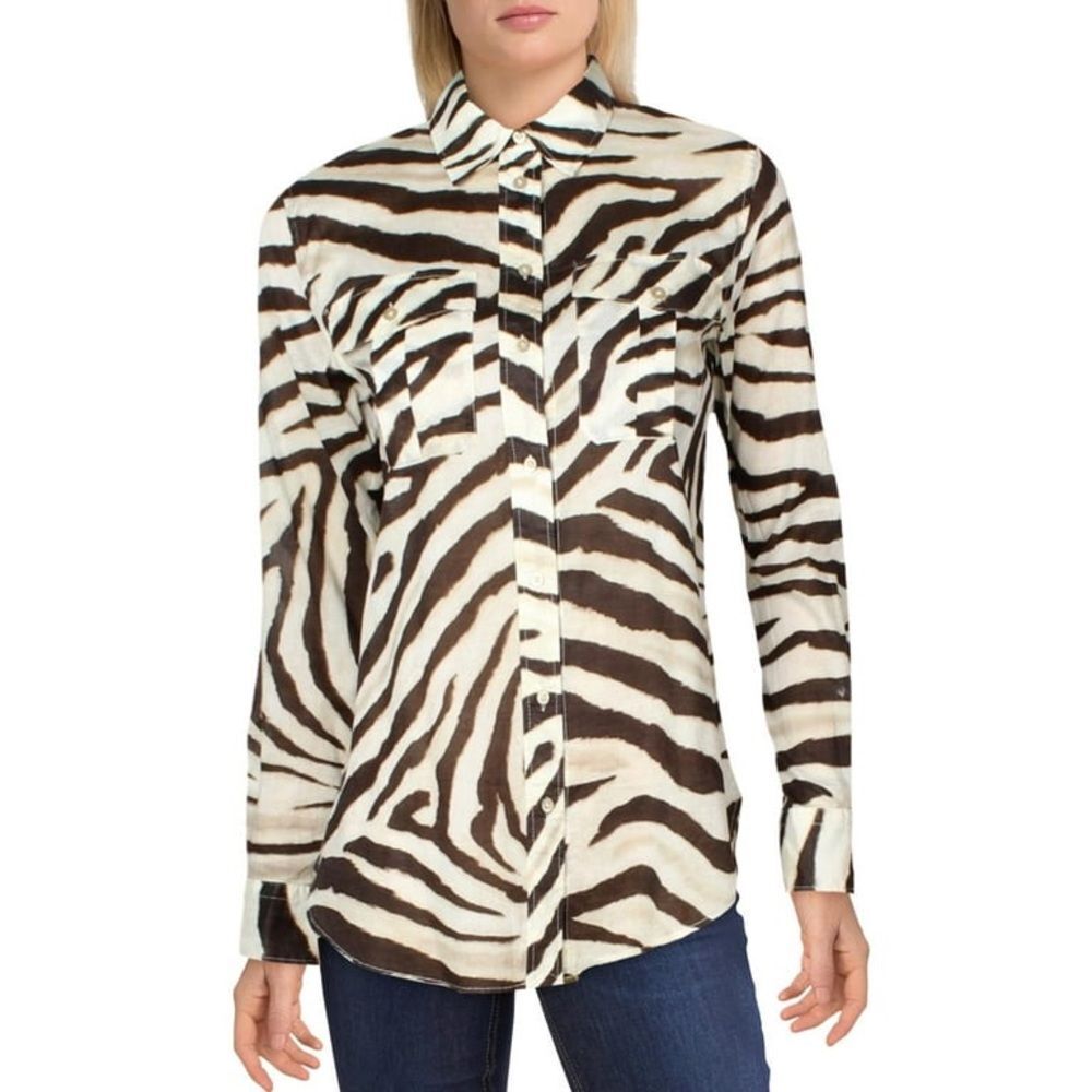 Ralph Lauren Animal Print Long Sleeve Collared Button Up Casual Top Sz L